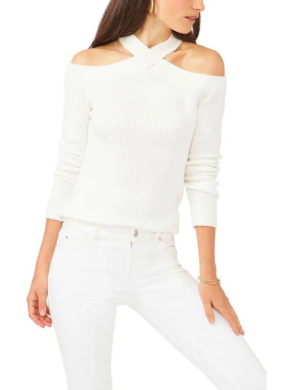 Women's Wool Blend Knit Pullover Sweater for Relaxed Fit-Womens Cold Shoulder Ribbed Knit Pullover Sweater