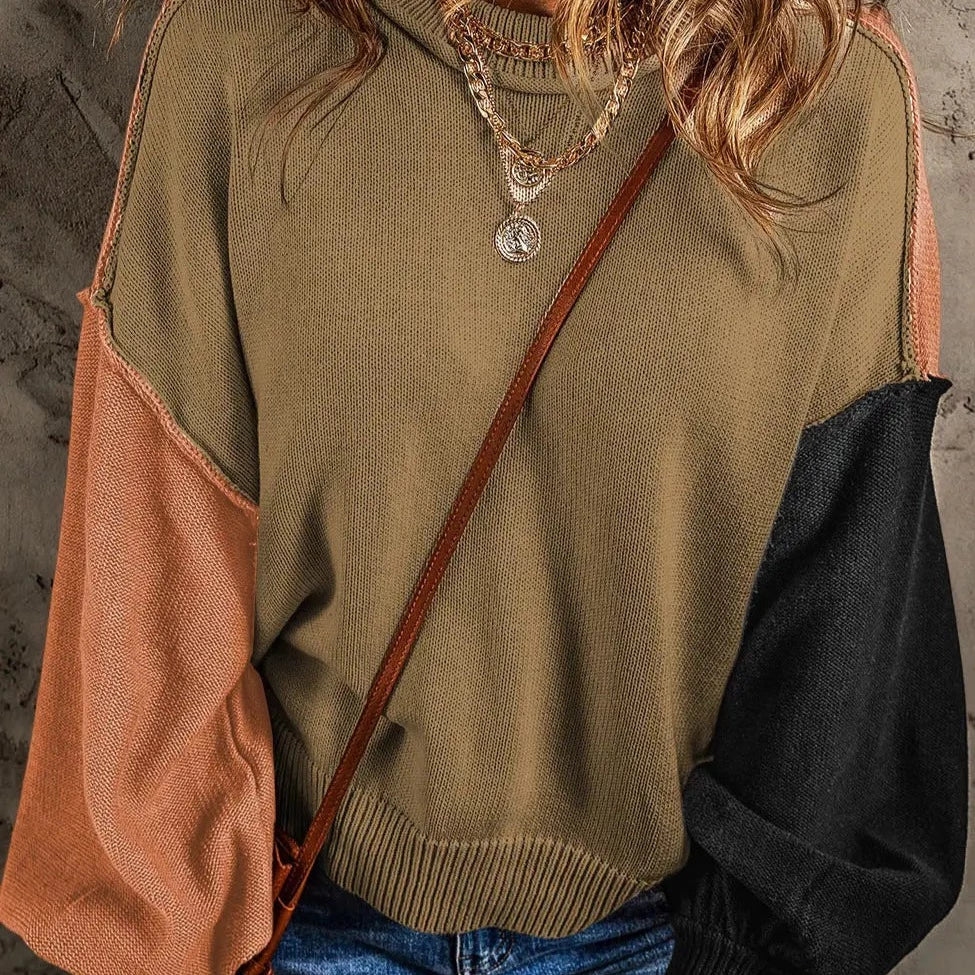 Women's Sweater with Front Pocket Detail-Women's Colorblock Bishop Sleeve Sweater in Green