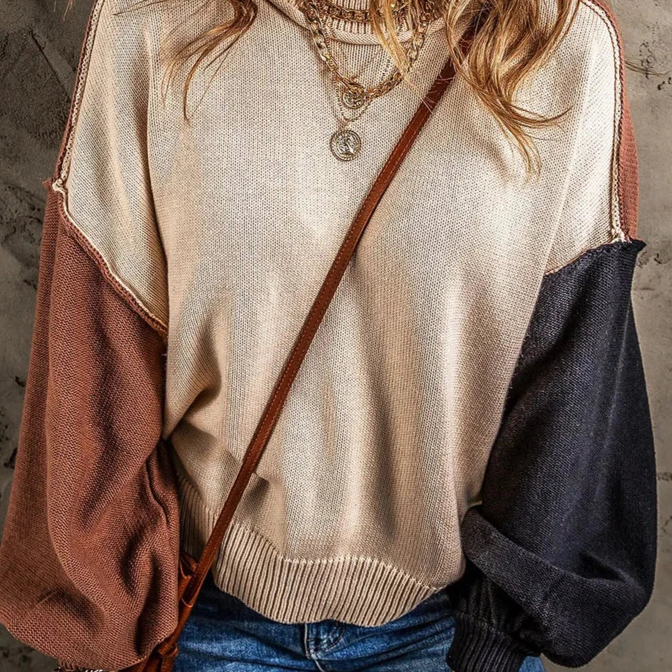 Women's Sweater for Layering Over Shirts-Women's Colorblock Bishop Sleeve Sweater in Coffee