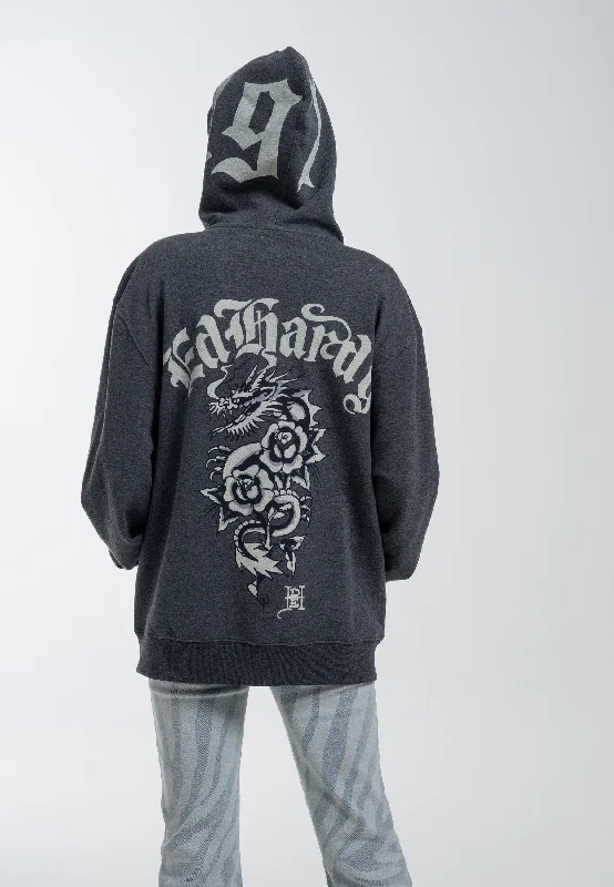 Women's Hoodies for Layering in Winter -Womens Dragon Rose Zip Through Hoodie - Charcoal Marl Women's Hoodies for Layering in Winter -Womens Dragon Rose Zip Through Hoodie - Charcoal Marl