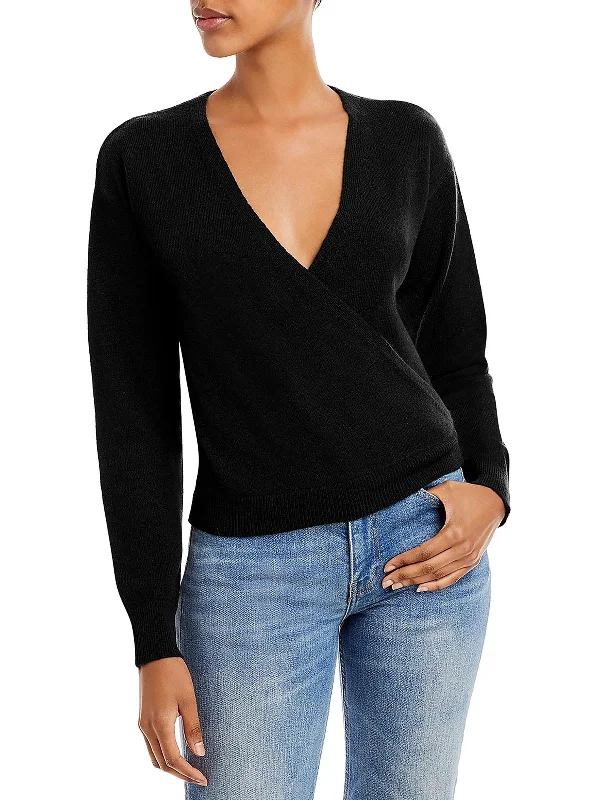 Women's Sweater with Contrast Sleeves-Womens Faux Wrap Cashmere Wrap Sweater
