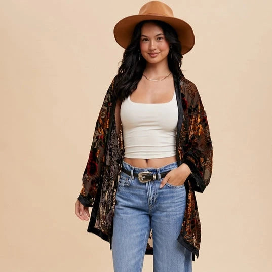 Women's Sweater for Casual Winter Style-Women's Floral Velvet Burnout Kimono in Black