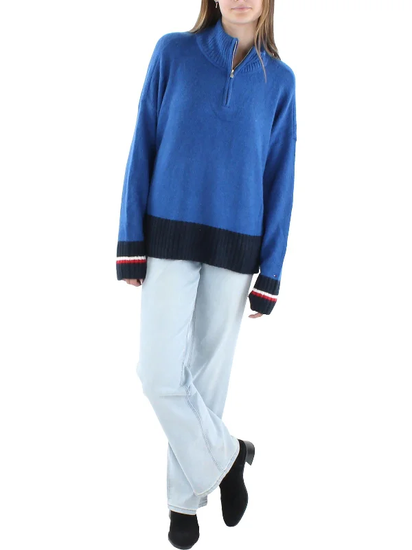 Women's Sweater for Layering Over Tops-Womens Half-Zip Colorblock Mock Turtleneck Sweater
