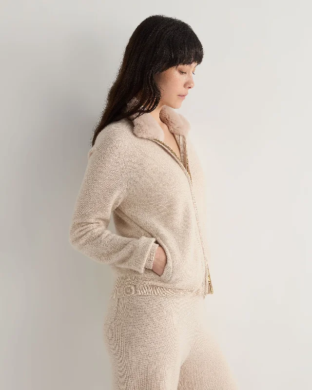 Women's Sweater with Embroidery-Women's Honeycomb Full Zip Cashmere Sweater With Fur Trim Ecru White
