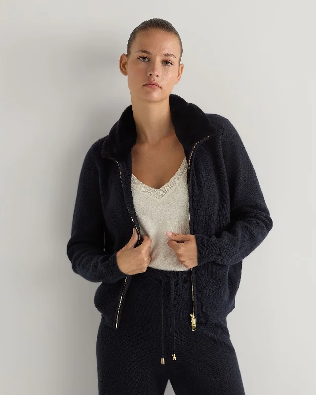 Women's Sweater with Lace Details-Women's Honeycomb Full Zip Cashmere Sweater With Fur Trim Navy Blue