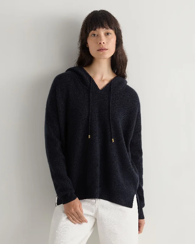 Women's Sweater for Winter Travel-Women's Honeycomb Hooded Cashmere Sweater Navy Blue