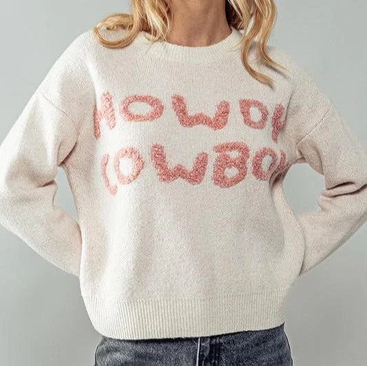 Women's Sweater for Tailored Fit-Women's "Howdy Cowboy" Wordy Knit Sweater in Ivory