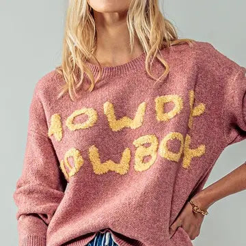 Women's Sweater for Day-to-night Look-Women's "Howdy Cowboy" Wordy Knit Sweater in Pink
