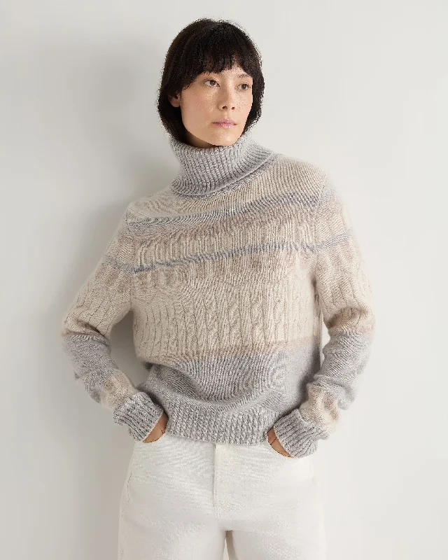 Women's Sweater for Layering-Women's Jacquard Turtle Neck Cashmere Sweater Grey