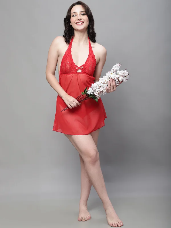 Doll Dress with Bold Print -Babydoll Overall Net Backless Dress - Red