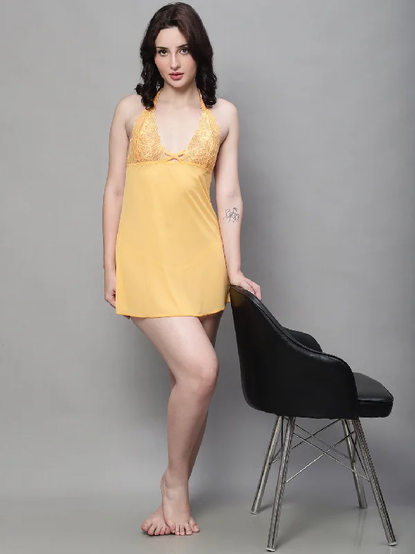 Doll Dress with Colorful Design -Babydoll Overall Net Backless Dress - Yellow