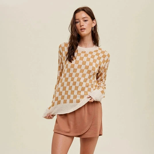 Women's Wool Knit Pullover Sweater with Bold Stitches-Women's Lightweight Checkered Pullover Sweater in Cream & Caramel