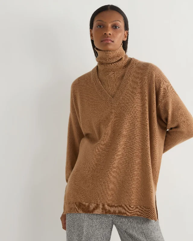 Women's Sweater with Cozy Knit Details-Women's Longline V Neck Cashmere Sweater Dark Camel Brown