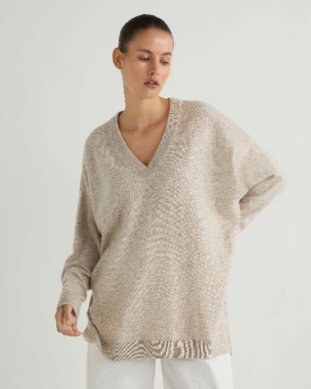 Women's Sweater with Matching Accessories-Women's Longline V Neck Cashmere Sweater Sand Brown