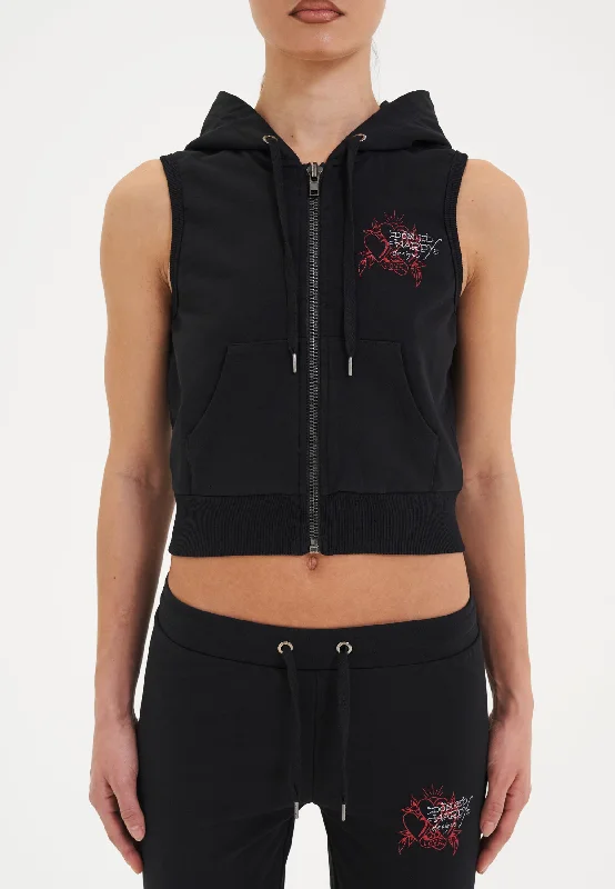 Women's Hoodies with Fun Designs -Womens Love Eternal Sleeveless Zip Thru Cropped Hoodie - Black