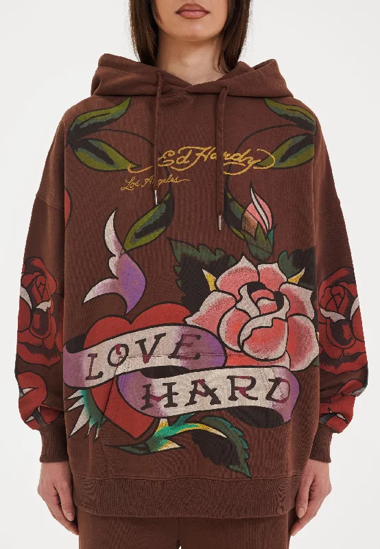 Women's Hoodies with Warm Lining for Winter -Womens Love Hard Graphic Relaxed Pouch Hoodie - Brown