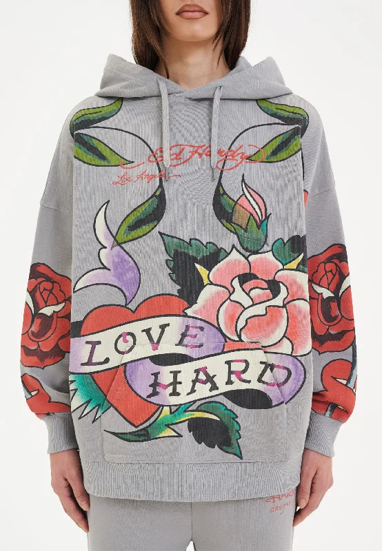 Women's Hoodies for Layering in Winter -Womens Love Hard Graphic Relaxed Pouch Hoodie -  Grey