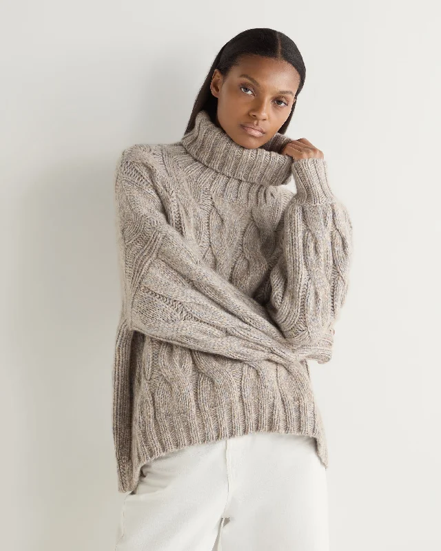 Women's Sweater with Vivid Color-Women's Hana Marl Chunky Cable Turtle Neck Cashmere Sweater Marble Marl