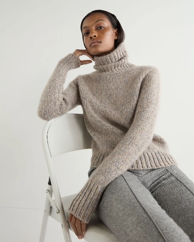 Women's Sweater with Sweetheart Neck-Women's Hazel Marl Chunky Turtle Neck Cashmere Sweater Marble Marl
