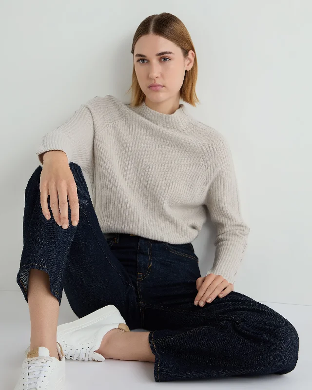 Women's Sweater with 3/4 Sleeves-Women's Metal Funnel Neck Cashmere Sweater Pebble Grey