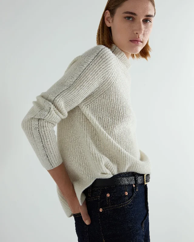Women's Sweater for Warm and Cool Weather-Women's Metal Trim Funnel Neck Cashmere Sweater With Lurex Snow Grey Sparkle
