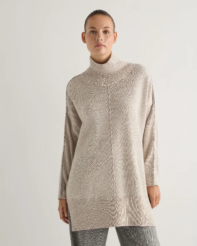 Women's Sweater with Bold Neckline-Women's Mock Neck Metal Cashmere Sweater With Lurex Ecru White