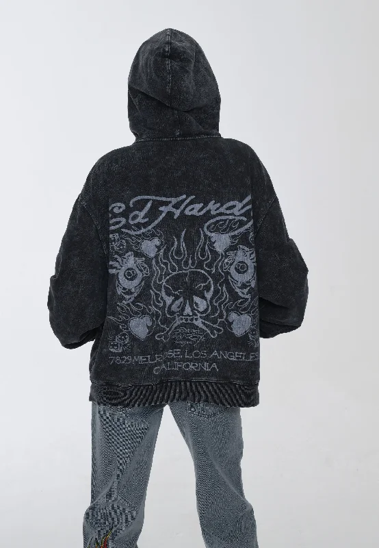 Women's Oversized Zip Hoodies -Womens Mono Acid Flaming Skull Zip Through Hoodie - Charcoal Women's Oversized Zip Hoodies -Womens Mono Acid Flaming Skull Zip Through Hoodie - Charcoal