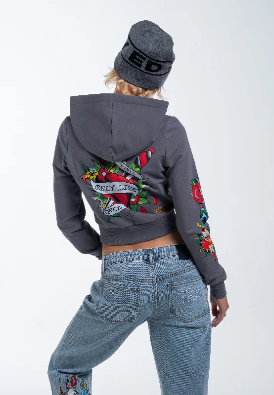 Women's Hoodies for Relaxing at Home -Womens Only Live Once Cropped Zip Through Hoodie - Grey