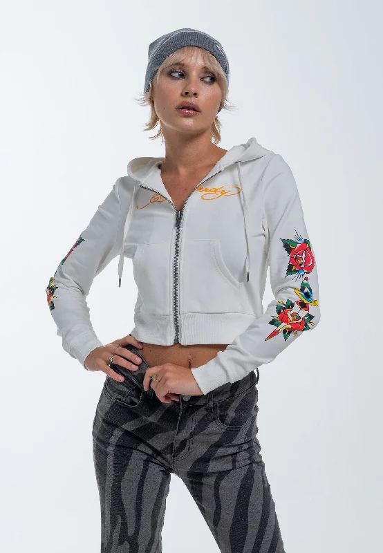 Women's Fashion Hoodies for Winter Streetwear -Womens Only Live Once Cropped Zip Through Hoodie - White