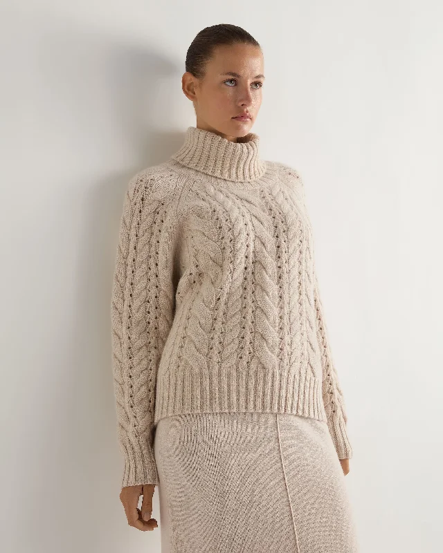 Women's Sweater for Casual Office Look-Women's Open Cable Turtle Neck Cashmere Sweater Ecru White