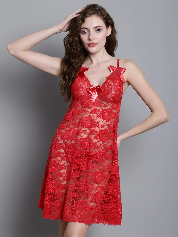 Doll Dress with Pleated Skirt Detail -Babydoll Intricate Floral Lacy Dress - Red