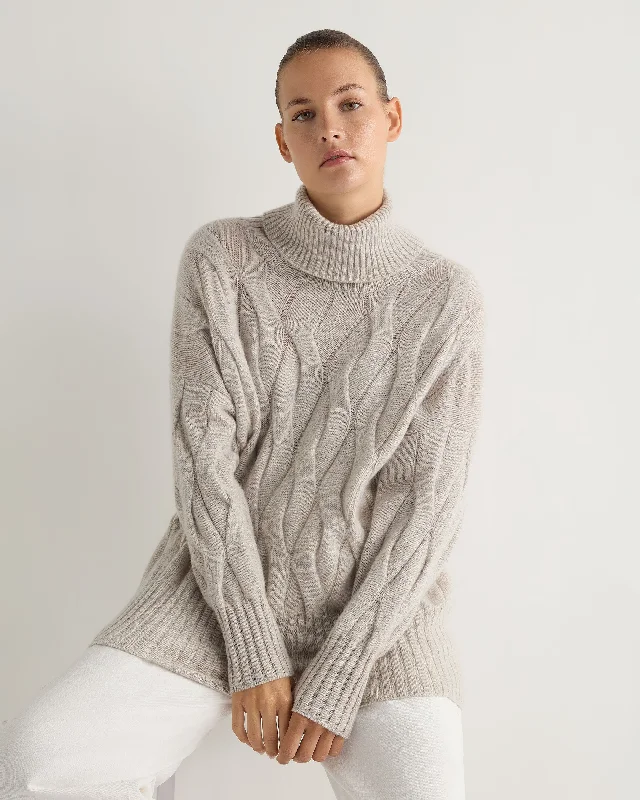 Women's Sweater with Minimalist Design-Women's Emmie Relaxed Cable Turtle Neck Cashmere Sweater Nougat Brown Marl