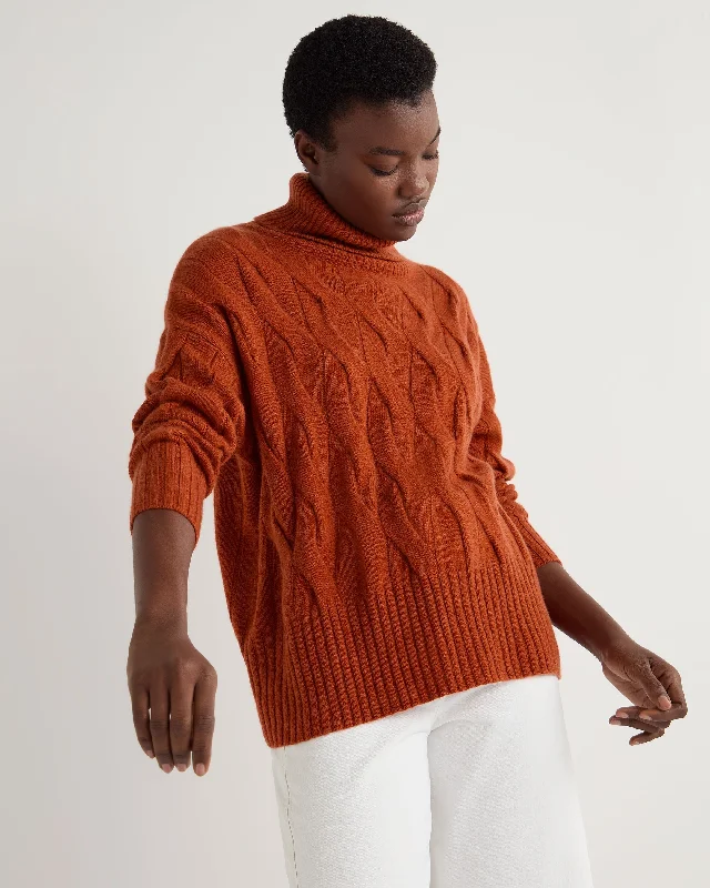 Women's Sweater with Cuffed Sleeves-Women's Emmie Relaxed Cable Turtle Neck Cashmere Sweater Rust Orange