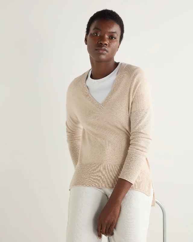 Women's Sweater with Fringe Detail-Women's Relaxed V Neck Cashmere Sweater Ecru White