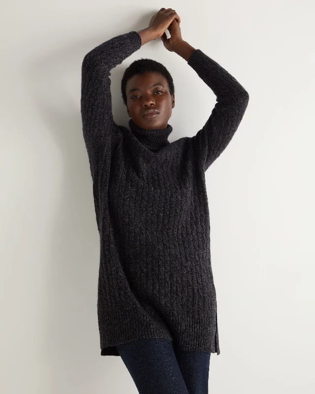 Women's Sweater with Soft-to-the-touch Material-Women's Turtle Neck Cable Cashmere Tunic Granite Grey