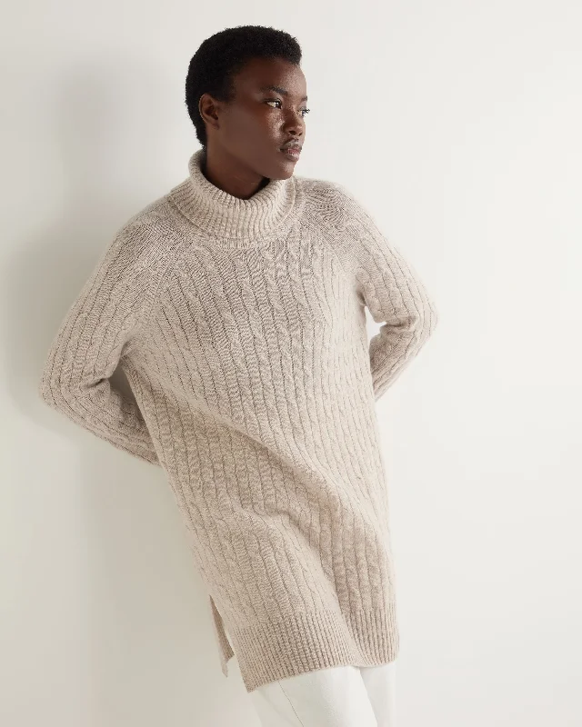 Women's Sweater with Chilly Weather Design-Women's Turtle Neck Cable Cashmere Tunic Sand Brown