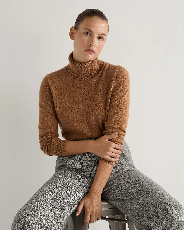 Women's Sweater with Long Ribbed Knit-Women's Luna Turtle Neck Cashmere Sweater Dark Camel Brown