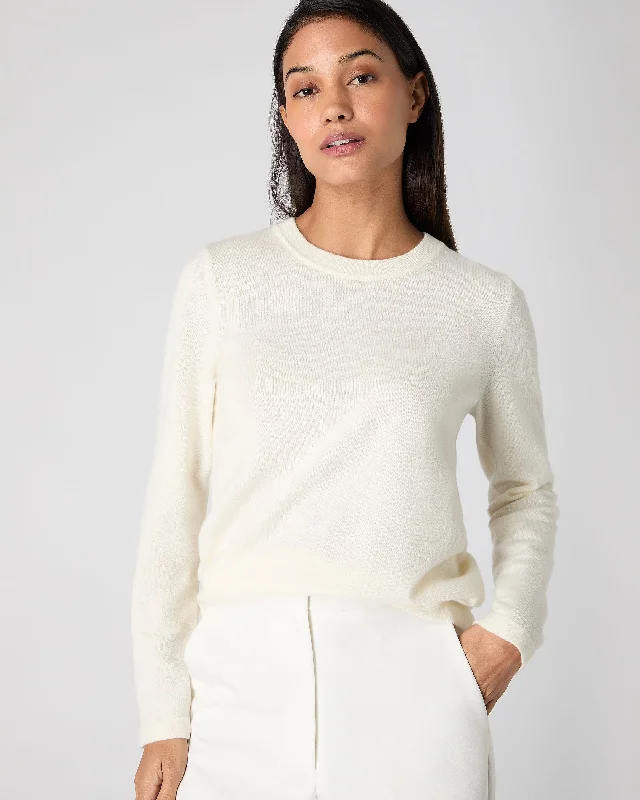 Women's Sweater with Fine Wool Blend-Women's Hallie Round Neck Cashmere Sweater New Ivory White