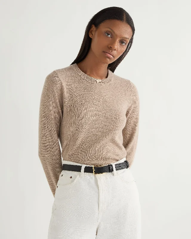 Women's Sweater with Beautiful Embellishments-Women's Hallie Round Neck Cashmere Sweater Oatmeal Brown