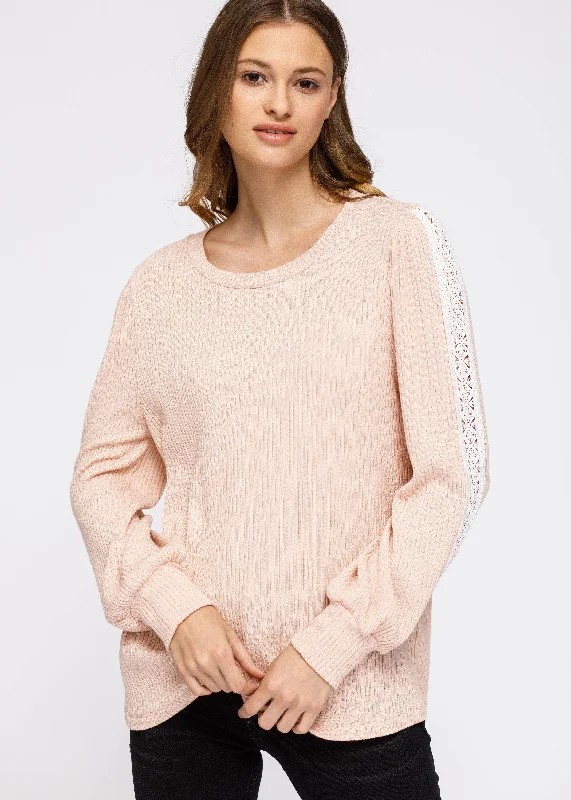 Comfortable Women's Sweater-Women's Round Neck Sweater With Long Cuff Sleeves in Blush