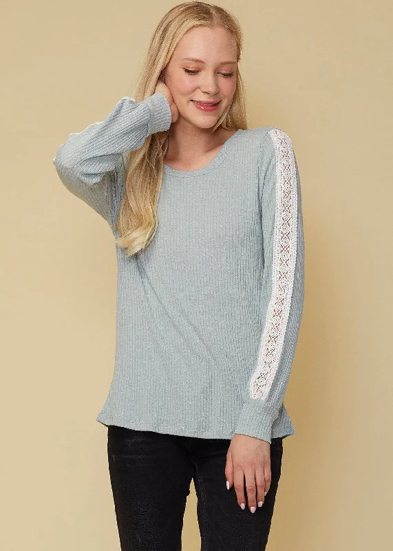 Women's Wool Blend Sweater-Women's Round Neck Sweater With Long Cuff Sleeves in Powder Mint