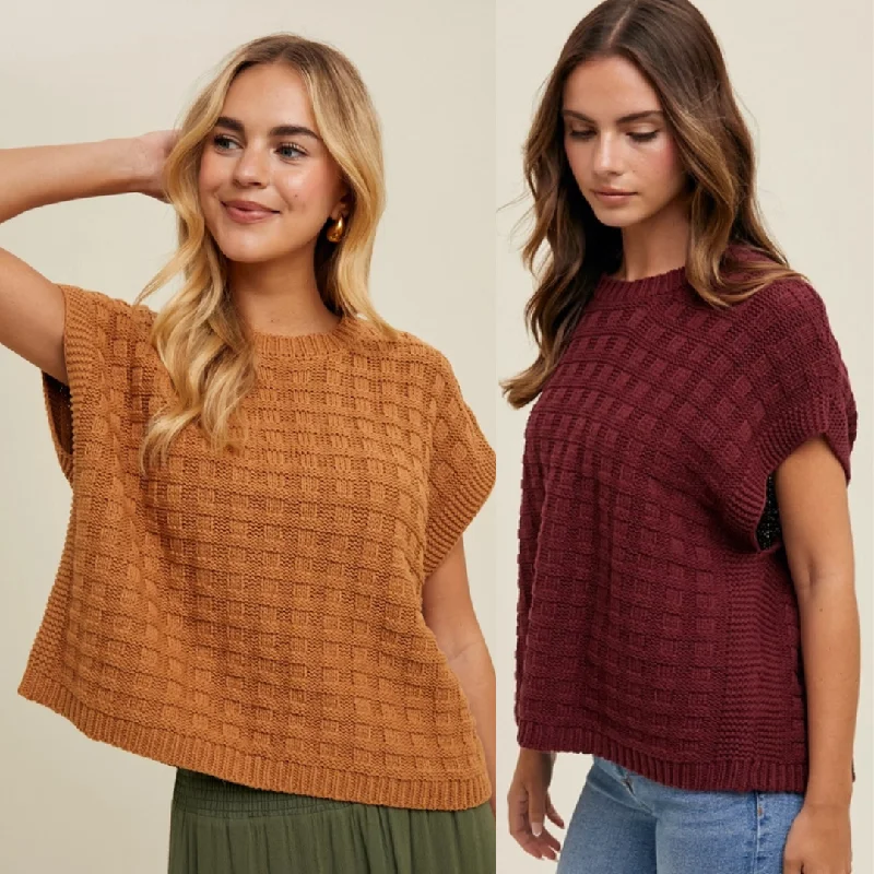 Women's Sweater with Stylish Fur Collar-Women's Boxy Weave Textured Cap Sleeve Sweater (Available In 2 Color Choices)