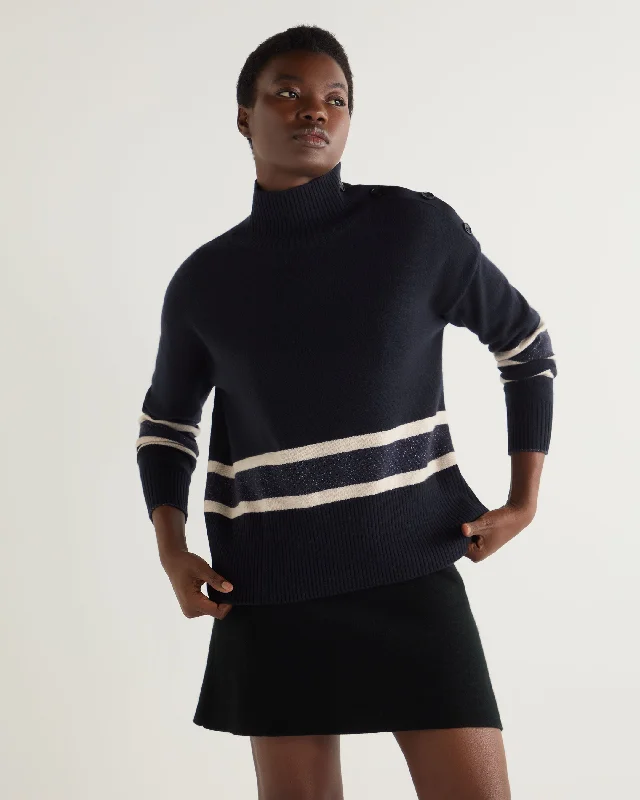 Women's Sweater with Angled Hem-Women's Stripe Mock Neck Cashmere Sweater With Lurex Navy Blue