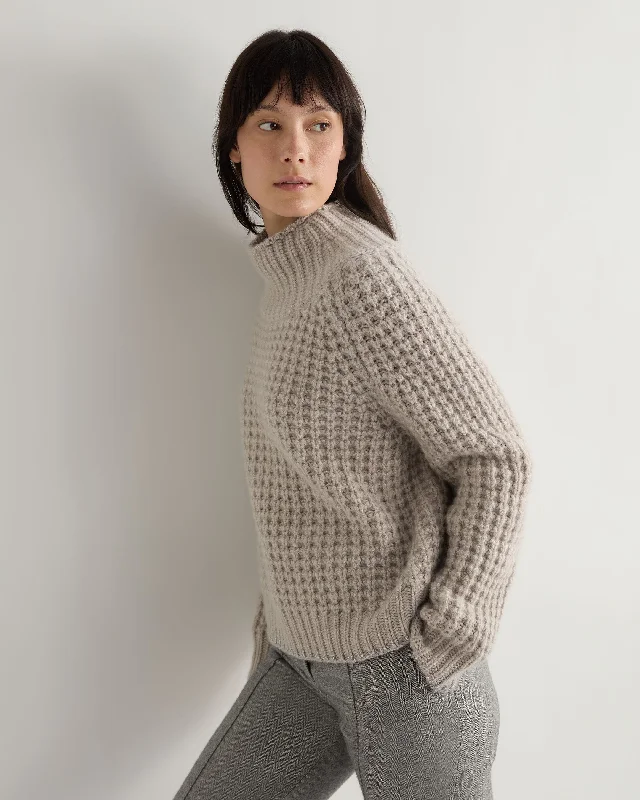 Women's Sweater with Buttoned Neck-Women's Super Chunky Rib Cashmere Sweater Sand Brown