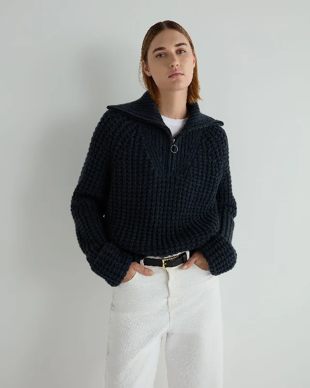 Women's Sweater with Multi-color Design-Women's Super Chunky Rib Half Zip Cashmere Sweater Grigio Blue