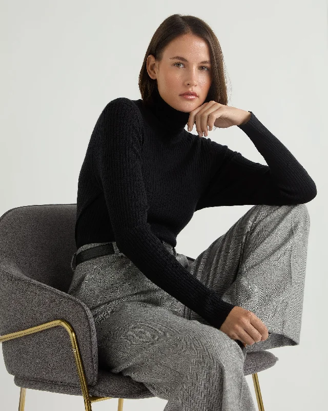 Women's Sweater with Easy-to-wear Design-Women's Superfine Cashmere Ribbed Turtle Neck Sweater Black