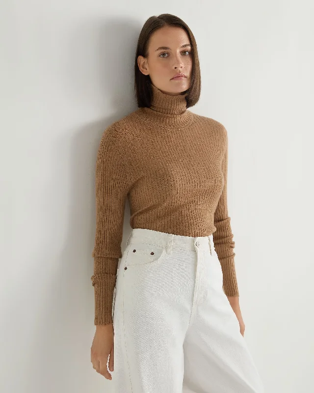 Women's Sweater with Refined Finish-Women's Superfine Cashmere Ribbed Turtle Neck Sweater Dark Camel Brown