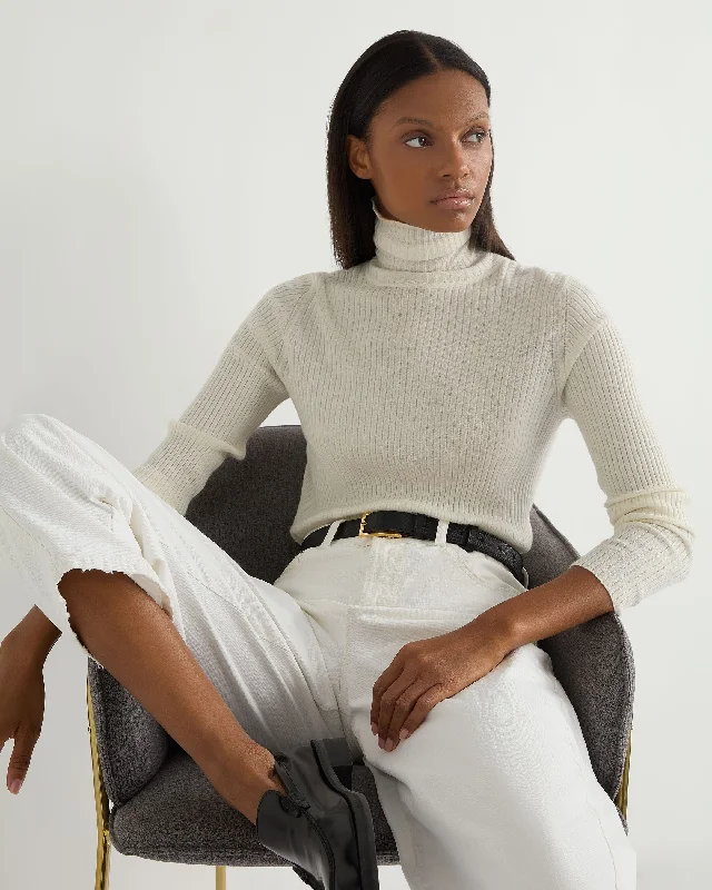 Women's Sweater with Subtle Sheen-Women's Superfine Cashmere Ribbed Turtle Neck Sweater New Ivory White