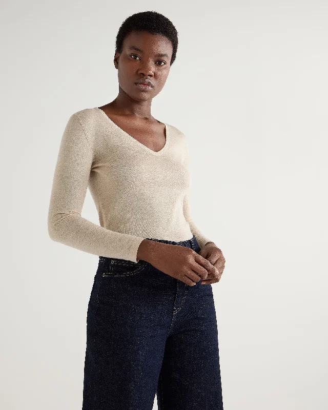 Women's Sweater with Contrast Collar-Women's Imogen Superfine Cashmere V Neck Sweater Sandstone Brown