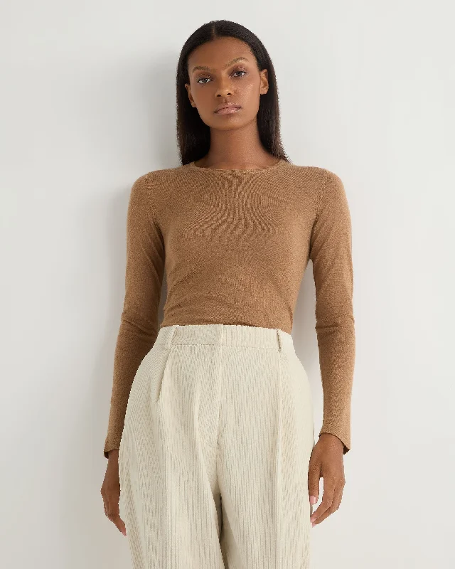 Women's Sweater with Knit Front-Women's Eden Superfine Cashmere Round Neck Top Dark Camel Brown